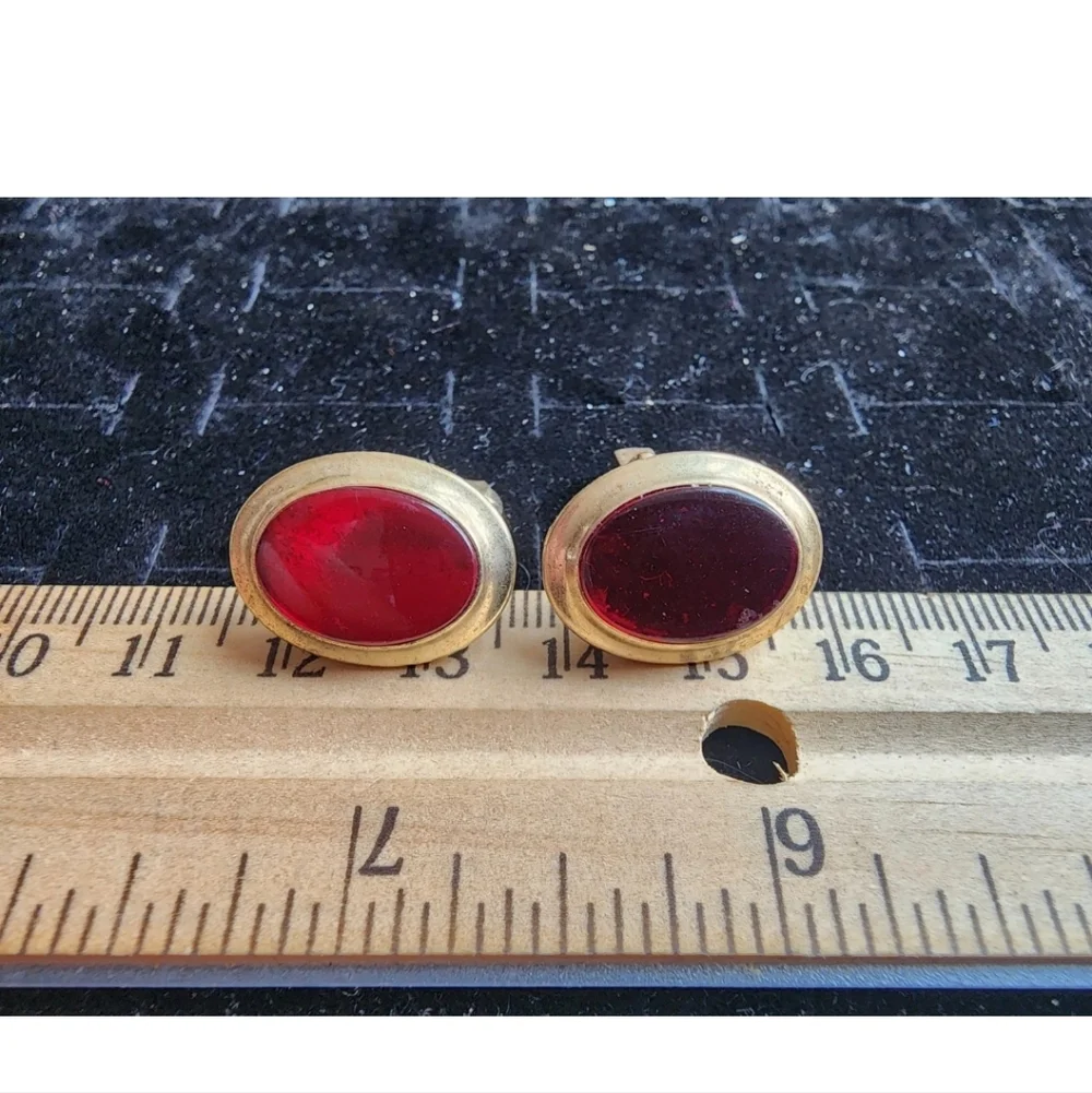 Vintage Cufflink Set Gold Tone Red Glass Gem Used